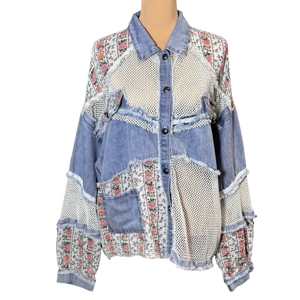 POL Patchwork Denim Jacket Shacket SZ L Blue Flor… - image 4